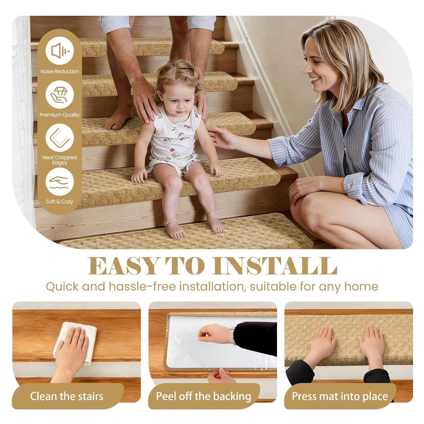 DEXDE Bullnose Stair Treads for Wooden Steps Non-Slip Stair Runner, 14 Pcs | Reusable bullnose carpet Stair Treads Indoor, Peel and Stick Stair Rugs with Edge Protection, Soft Washable, 30"x9.5" Grey