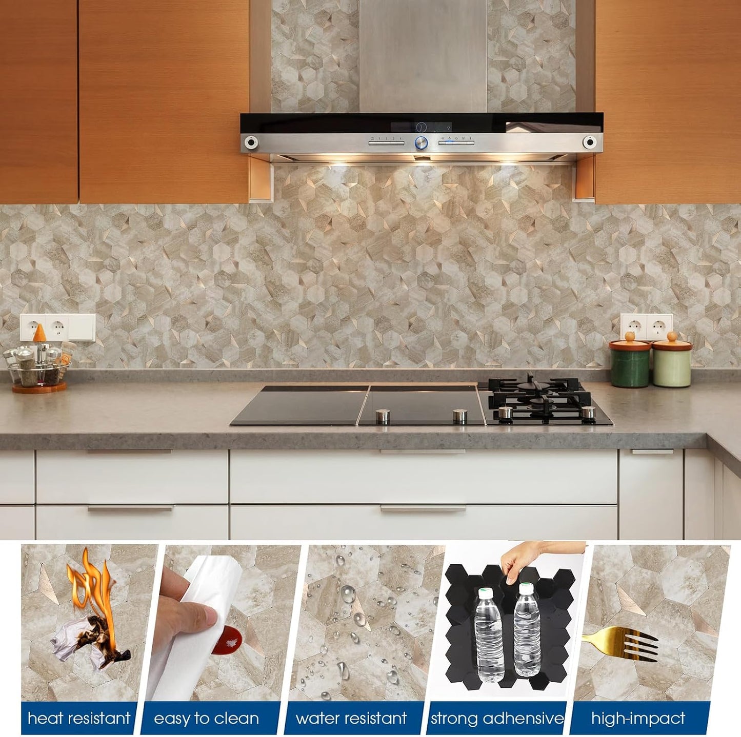 10-Sheet Heavy-Duty Hexagon Peel and Stick Backsplash, Thick Waterproof &Heat Resistant Stick on Wall Tiles, Slate Beige Mosaic for Kitchen & Bathroom, Strong Adhesive Permanent PVC Tiles