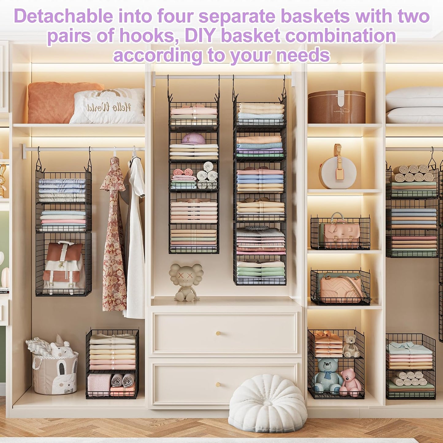 Yuyetuyo 5 Tier Closet Hanging Organizer and Storage Separable Hanging Closet Shelves with 4 Hooks 2 Adjustable Dividers, Wire Storage Basket Bins for Clothing Sweaters Socks Dolls Handbags, Foldable