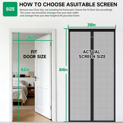 HOFUDON Upgraded Magnetic Screen Door Mesh, Full Strip Magnets, Heavy Duty Fiberglass Mesh, Door Screen Magnetic Closure for Single Door Size 32 x 80 Inch, Screen Door Size 35 x 82 Inch Black