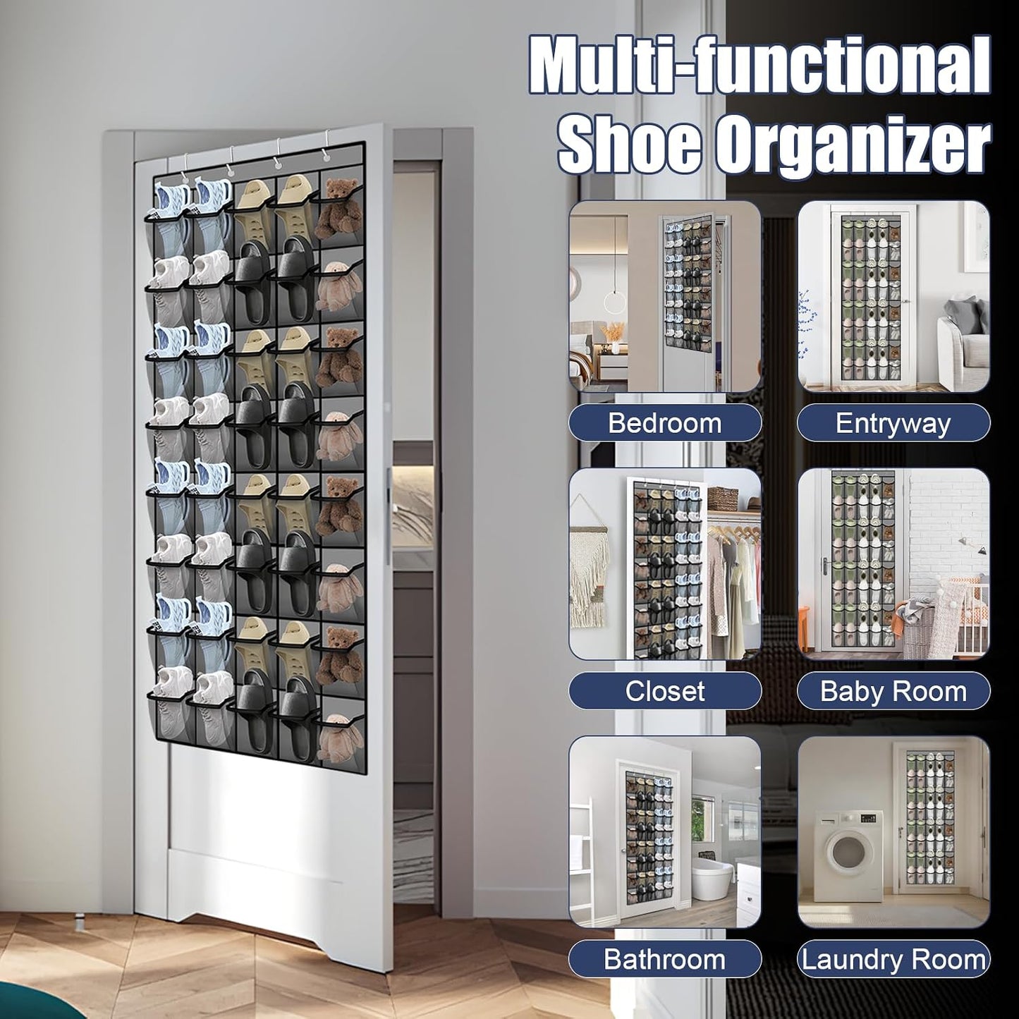 Over the Door Shoe Organizer - 24 Large Breathable Mesh Pockets, Space Saving Hanging Shoe Organizer with Metal Hooks, Hanging Shoe Rack for Men's and Women's Shoes (White)