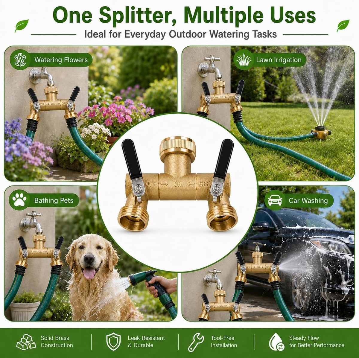 2 Way Garden Hose Splitter Heavy Duty，Full Flow Garden Hose Splitter with 2 Extra Rubber Washers，Brass Rust and Freeze Resistant Water Hose Bib Splitter，3/4” GHT Thread T Adapter