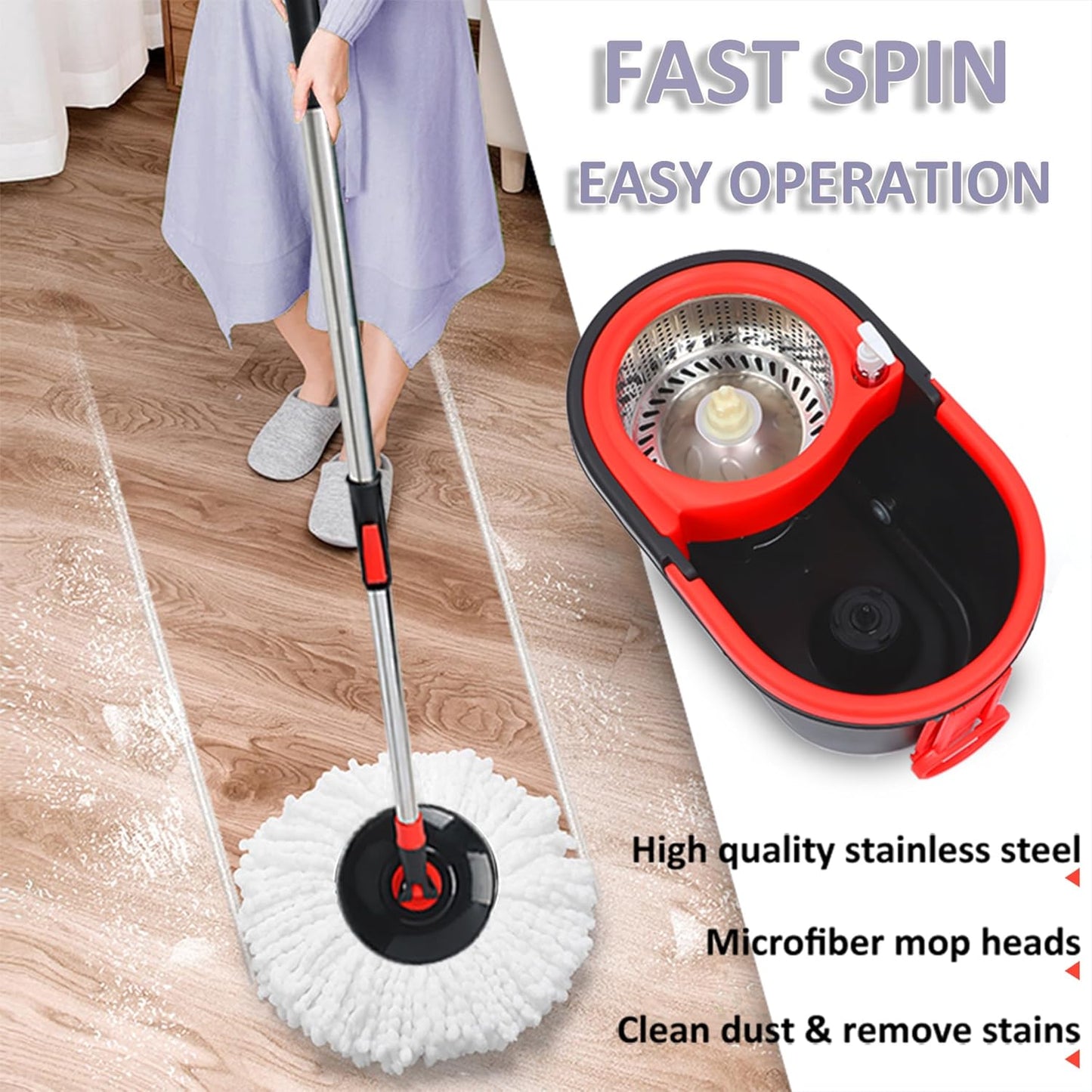 Spin Mop and Bucket with Wringer Set, 360° Spinning Mop Bucket System with 3 Microfiber Mop Replacement Heads and 61" Stainless Steel Adjustable Handle for Floor Cleaning