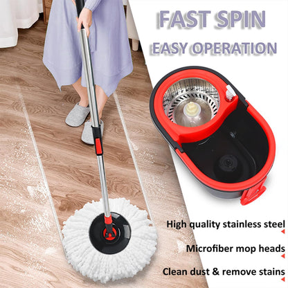 Spin Mop and Bucket with Wringer Set, 360° Spinning Mop Bucket System with 3 Microfiber Mop Replacement Heads and 61" Stainless Steel Adjustable Handle for Floor Cleaning