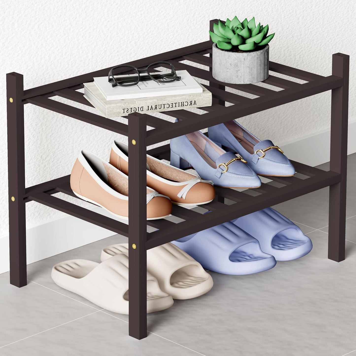 Smiry Bamboo Shoe Rack for Closet, 3 Tier Wooden Shoe Organizer, Stackable Wood Shoe Storage Shelf for Entryway, 14 Vertical Slats, One-piece Heavy-Duty Legs, 26.77"x11.02"x18.31", Natural