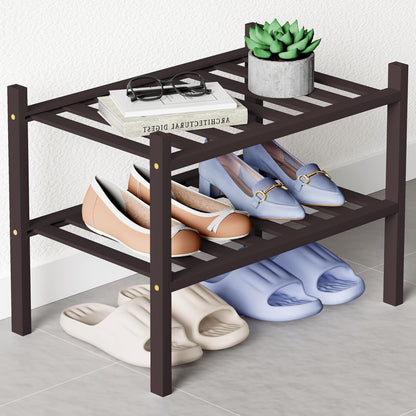 Smiry Bamboo Shoe Rack for Closet, 3 Tier Wooden Shoe Organizer, Stackable Wood Shoe Storage Shelf for Entryway, 14 Vertical Slats, One-piece Heavy-Duty Legs, 26.77"x11.02"x18.31", Natural