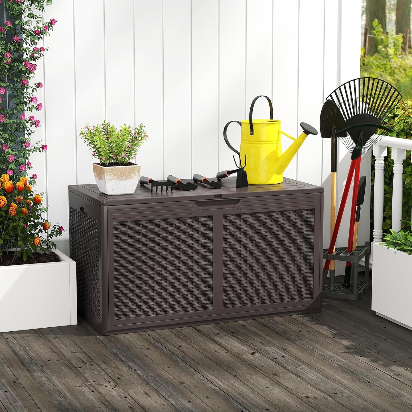 Tangkula 100 Gallon Outdoor Storage Box, Lockable Outdoor Storage Bench with 2 Smooth Wheels, Faux Rattan Surface, Waterproof Resin Deck Box for Outside Poolside Patio Garden (Brown)