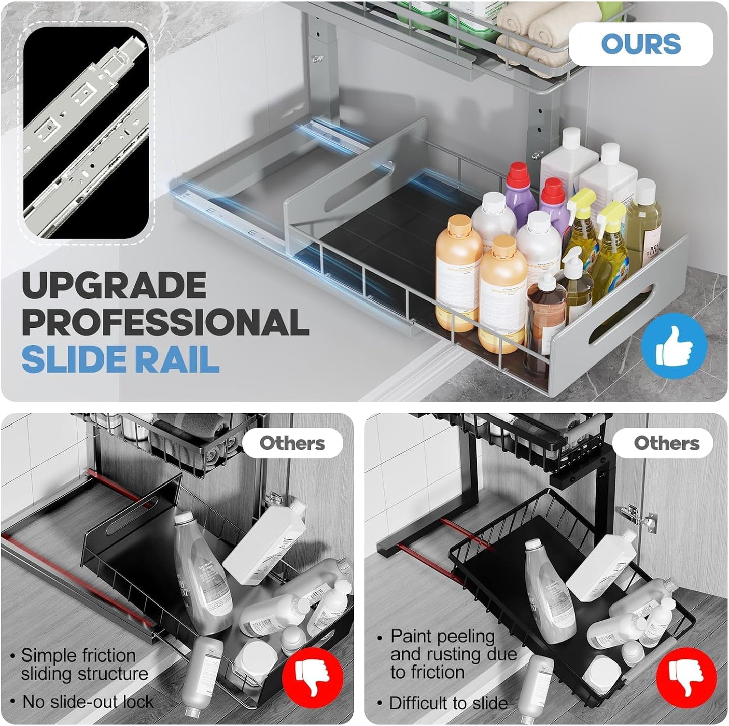 Under Sink Organizer Upgrade To Professional Rails,2-Tier Dual Pull Out Cabinet Storage,Height Adjustable Slide Out Drawers For Bathroom Kitchen,2 Pack-14.5" Dx12.8-16.9" H,White