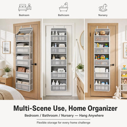 FUSHITON Over The Door Organizer with Anti-Tilt Design, 5 Shelf Hanging Grey Storage Rack Holds 44lb, Large Capacity Pockets for Bedroom Bathroom Pantry Nursery