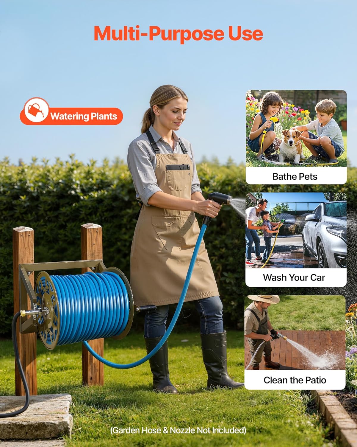 VEVOR Wall Mounted Garden Hose Reel, Holds 125 ft 5/8-inch Hose, Heavy-Duty Water Hose Winder, Space-Saving Design, Outdoor Manual Reel with Brass Fitting and Storage Basket for Yard Lawn