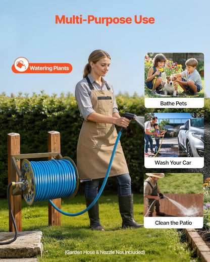 VEVOR Wall Mounted Garden Hose Reel, Holds 125 ft 5/8-inch Hose, Heavy-Duty Water Hose Winder, Space-Saving Design, Outdoor Manual Reel with Brass Fitting and Storage Basket for Yard Lawn