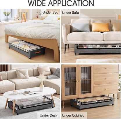Yecaye Under Bed Storage with Wheels, 2 Pack Under Bed Storage Containers, 60L Underbed Shoe Storage with Clear Window & Label, Rolling Under Bed Metal Drawer for Clothes, Shoes, Books, Blankets
