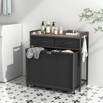 STIKELY Laundry Hamper Laundry Basket with 3 Section Pull-Out Rolling Bags, Laundry Sorter for Organization and Storage with 2 Pull-Out Drawers for Laundry Room, Bathroom, Bedroom Use (Rustic Brown)