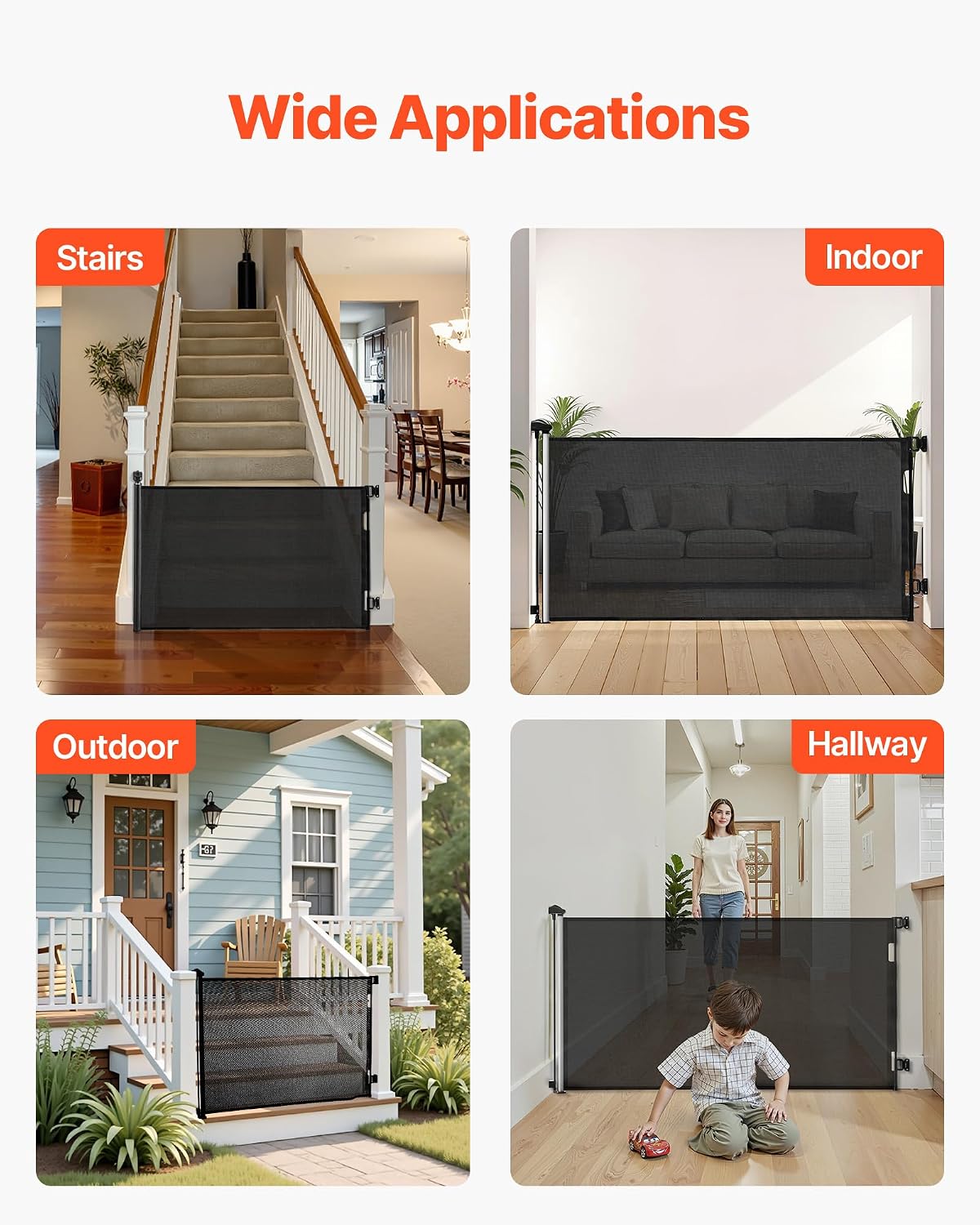 VEVOR Retractable Baby Gate, Extends to 202.7 inch Extra Wide, 39 inch Tall, with Reinforced Fiberglass Strips, Avoids Crawling Through, Mesh Dog Gate for Decks, Doorways, Garages, Indoor, Black