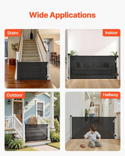 VEVOR Retractable Baby Gate, Extends to 202.7 inch Extra Wide, 39 inch Tall, with Reinforced Fiberglass Strips, Avoids Crawling Through, Mesh Dog Gate for Decks, Doorways, Garages, Indoor, Black