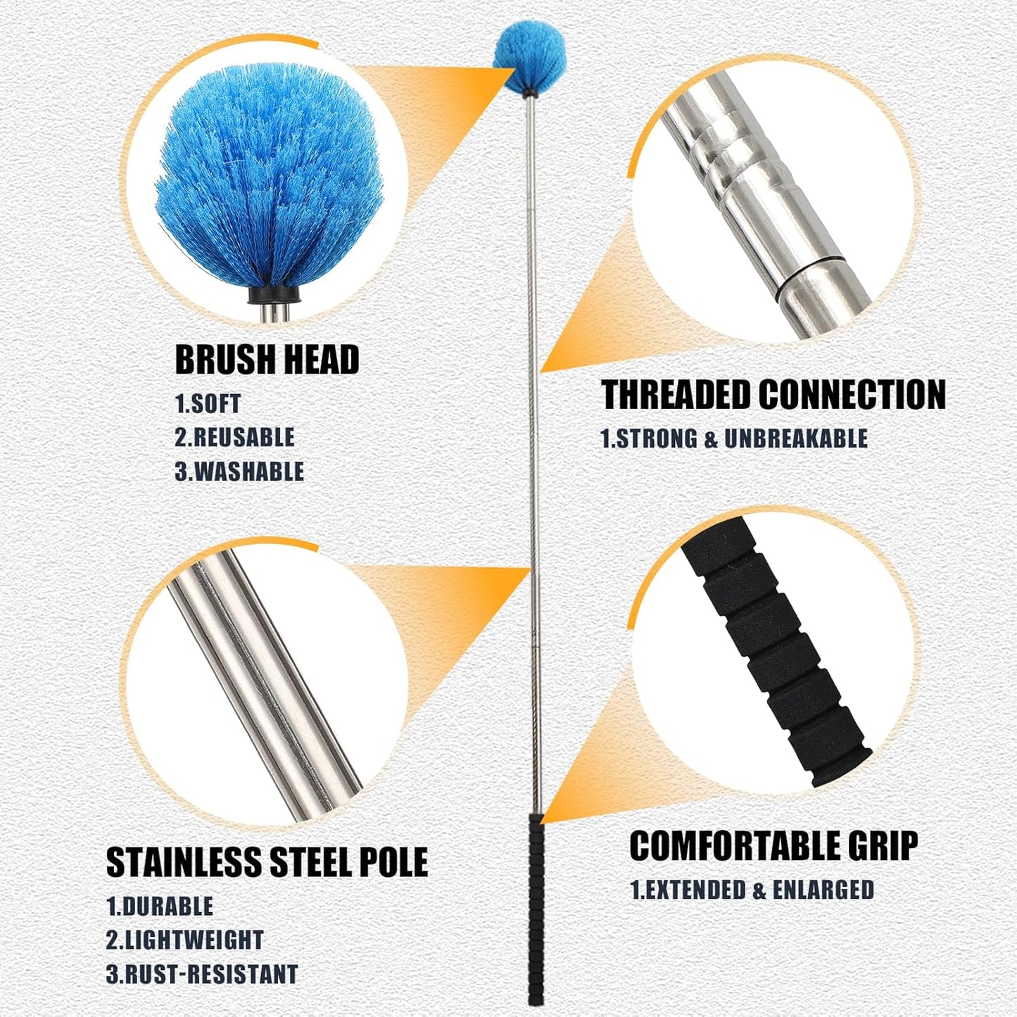 Lightweight Cobweb Duster with Extension Pole – 8FT Long Reach Brush Kit, Washable Head for Ceiling Fan, Spider Webs, Dust – Cleans Up to 15FT, for Furniture, Eaves, Vents, Roof