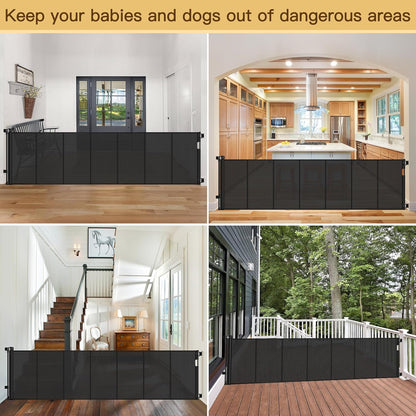 Reinforced 55" Wide Retractable Baby Gates with Reinforced Strips, Indoor/Outdoor Retractable Dog Gate for Doorway Prevent Bottom Drilling Through, No Bottom Bar Safety Mesh Baby Gate for Stair, Black