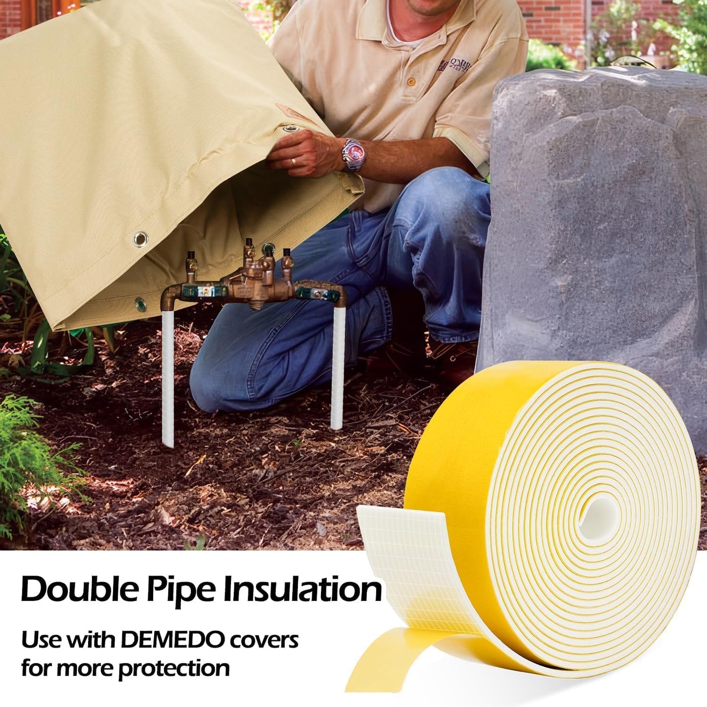 DEMEDO Pipe Insulation Tape, Pipe Wrap Insulation Foam Tape Self Adhesive, Outdoor Water Pipe Insulation Roll for HVAC, AC Line Insulation, 2 inch x 16.5 FT Heat Tape for Water Pipe, White