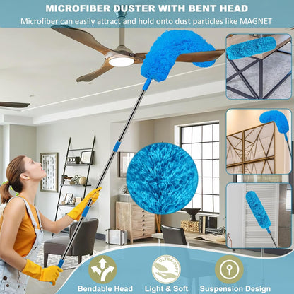 20+ Ft High Reach Ceiling Fan Duster & Cobweb & Corner Brush Duster with 3-13 ft Extension Pole, Microfiber Feather Duster with Washable Head for Ceiling Fan, Furniture, Home Cleaning