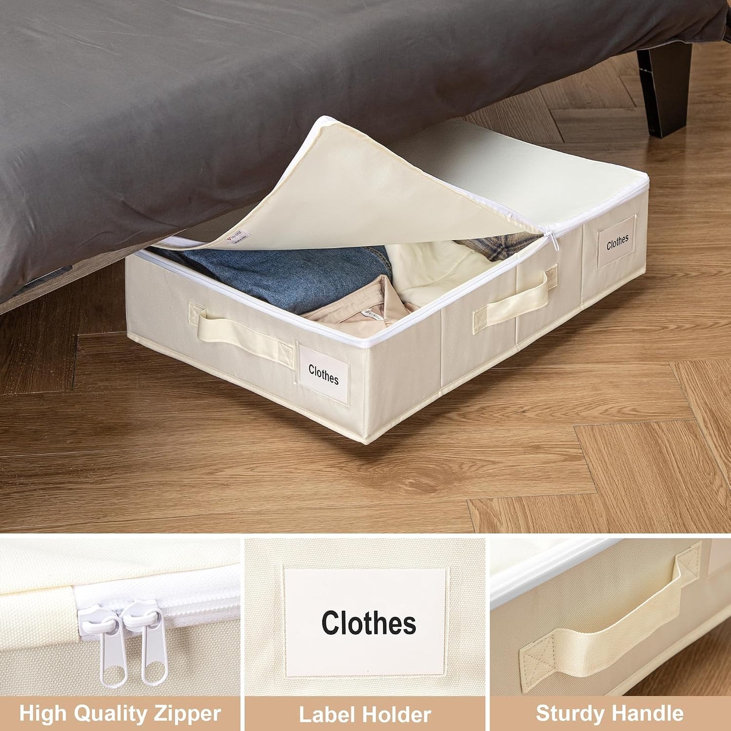 Vincona Under Bed Storage with Wheels, 2 Pack Under Bed Storage Containers with Label Holders for Clothes, Shoes and Blankets, Rolling Underbed Shoe Organizer with Cover, Beige (30.71x15.7x7.28 in)