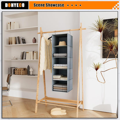 Hanging Closet Organizer 3-Shelf, Oxford Fabric Wardrobe Storage, Gray | Easy-mount foldable design holds clothes, handbags, shoes & accessories; washable Oxford fabric, sturdy and space-saving.