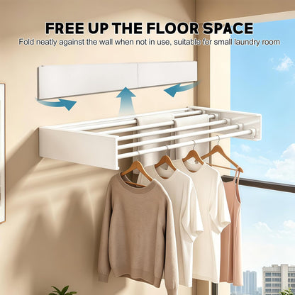 Wall Mounted Clothes Drying Rack 31.5" Wide，Foldable Wall Mount Laundry Rack with 5 Aluminum Rods,Retractable and Foldable Space-Saving Wall Mounted Clothes Drying Rack White