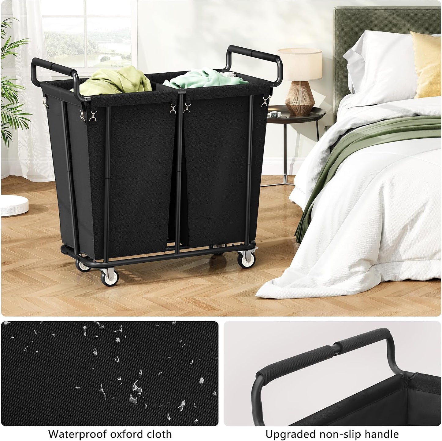 Gewudraw Large laundry hamper with Wheels, 3 Bag Big Rolling Laundry Hamper Sorter Cart, Extra Large Laundry Clothes Hamper, Heavy Duty Laundry Basket Organizer for Laundry Room,Bathroom,Black