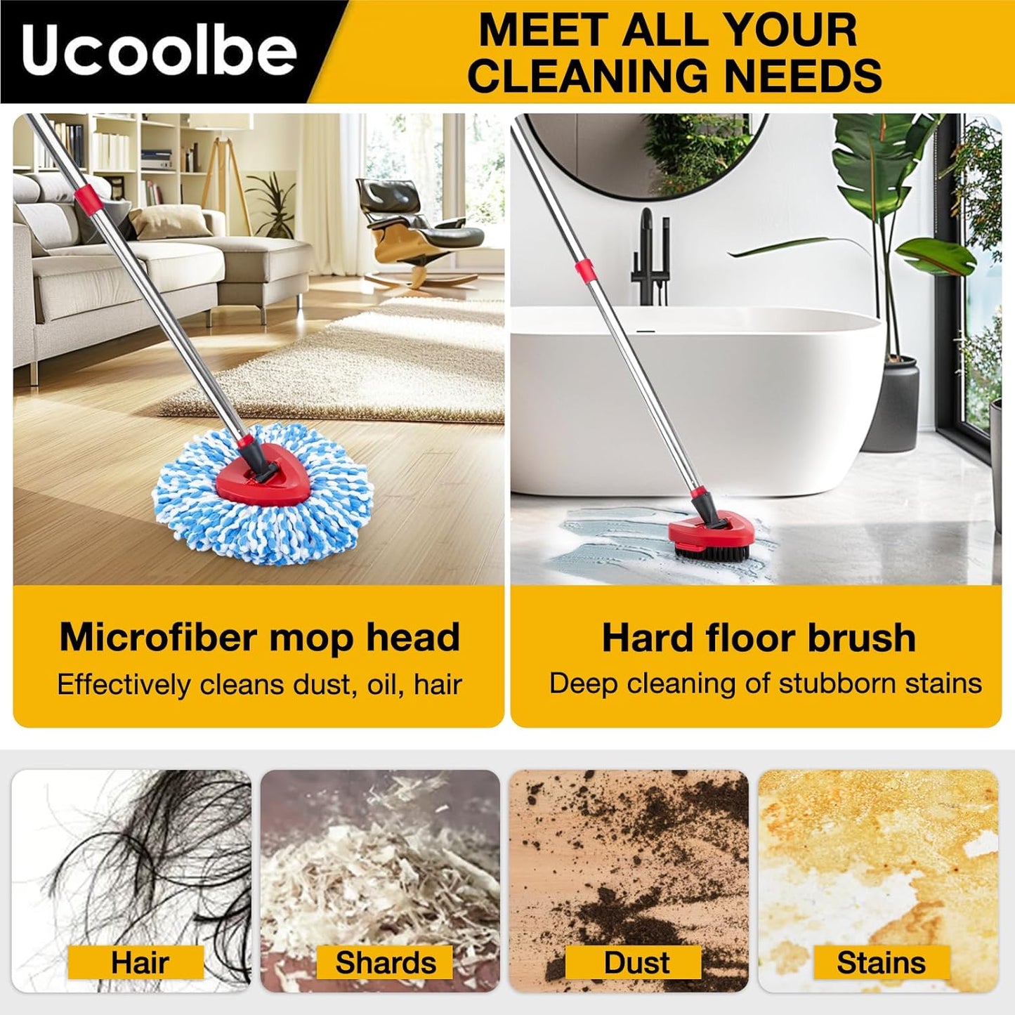 Spin Mop Replacement Head for O Cedar 2 Tank RinseClean, 4 Microfiber mop Refill, 1 Scrub Brush, 1 Mop Stick, 1 Mops Base, Deep Cleaning, 30" to 58" Mop Handle Replacement