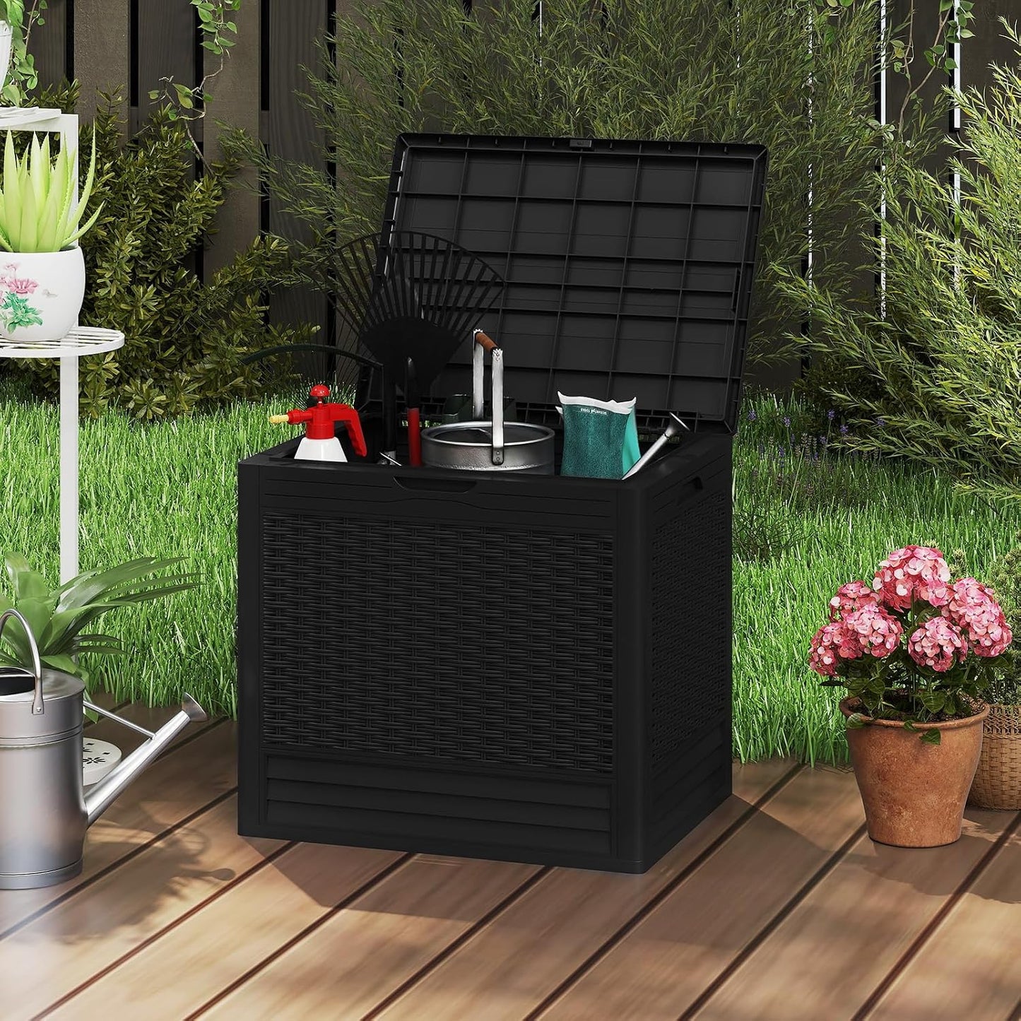 Tangkula 25 Gallon Waterproof Outdoor Storage Box with Lockable Lid | PP Resin, Wicker Patterned, Indoor Outdoor Use, Portable, Versatility, for Deck, Pool, Patio Cushions, Garden Tools