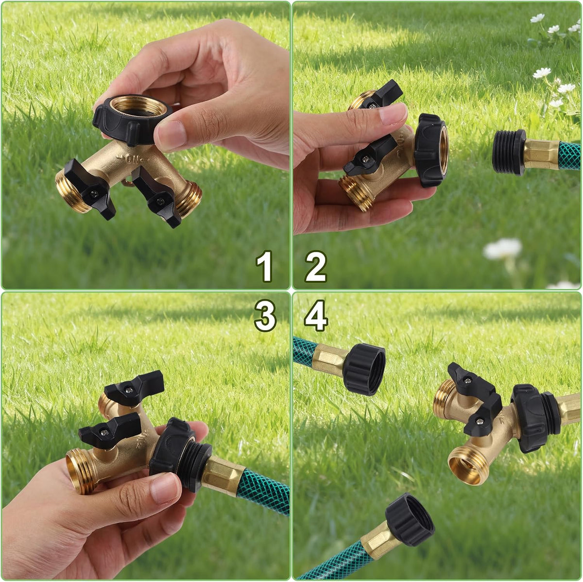 Biswing 2 Pack Garden Hose Splitter 2 Way, Heavy Duty Brass Connector Tap Splitter, Y Splitter 2 Valves with 4 Extra Rubber Washers