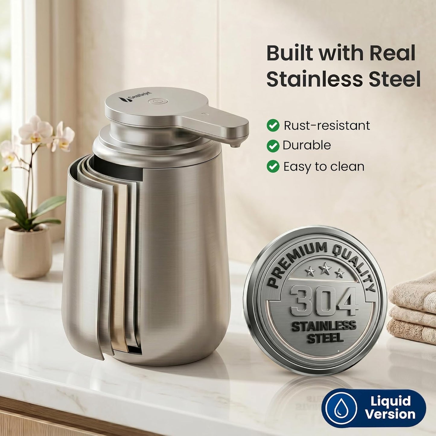 GentleJet NovaJet Automatic Foaming Soap Dispenser – Touchless Sensor, USB-C Rechargeable, 304 Stainless Steel, IPX5 Waterproof for Bathroom Kitchen Sink, 12 oz / 350 ml