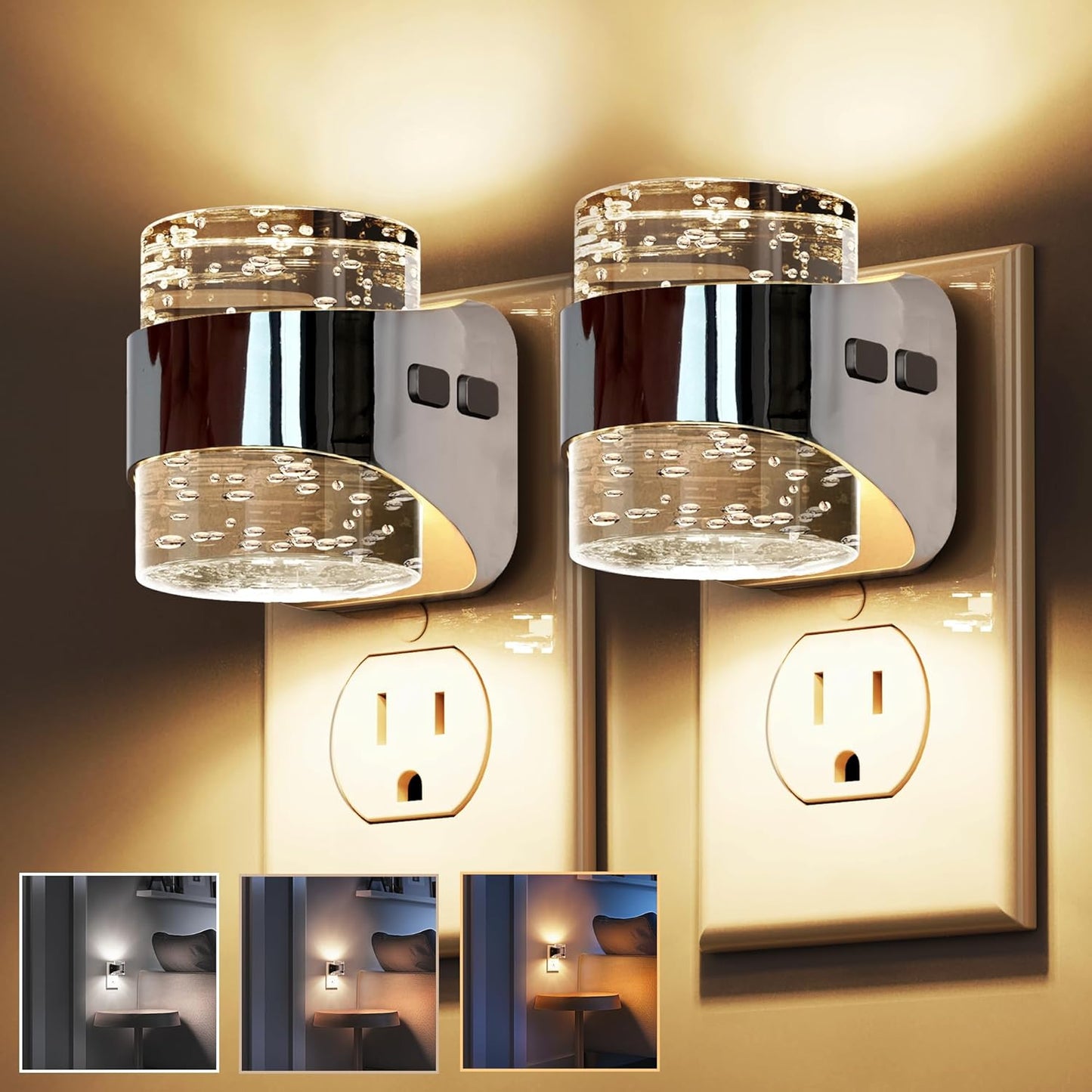 L LOHAS LED Night Light, Bubble Night Lights Plug into Wall,2 Pack 3000K/4000k/5000K Adjustable Color Temperature Night Light,Dimmable Nightlights with Dusk to Dawn Sensor for Rooms Bathroom Hallway