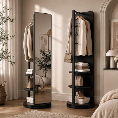 Full Length Mirror with Coat Rack & Storage, 360° Rotating Solid Wood Standing Floor Mirror with Shelves for Bedroom, Entryway, Dressing Room (Natural Wood, 66" x 18")