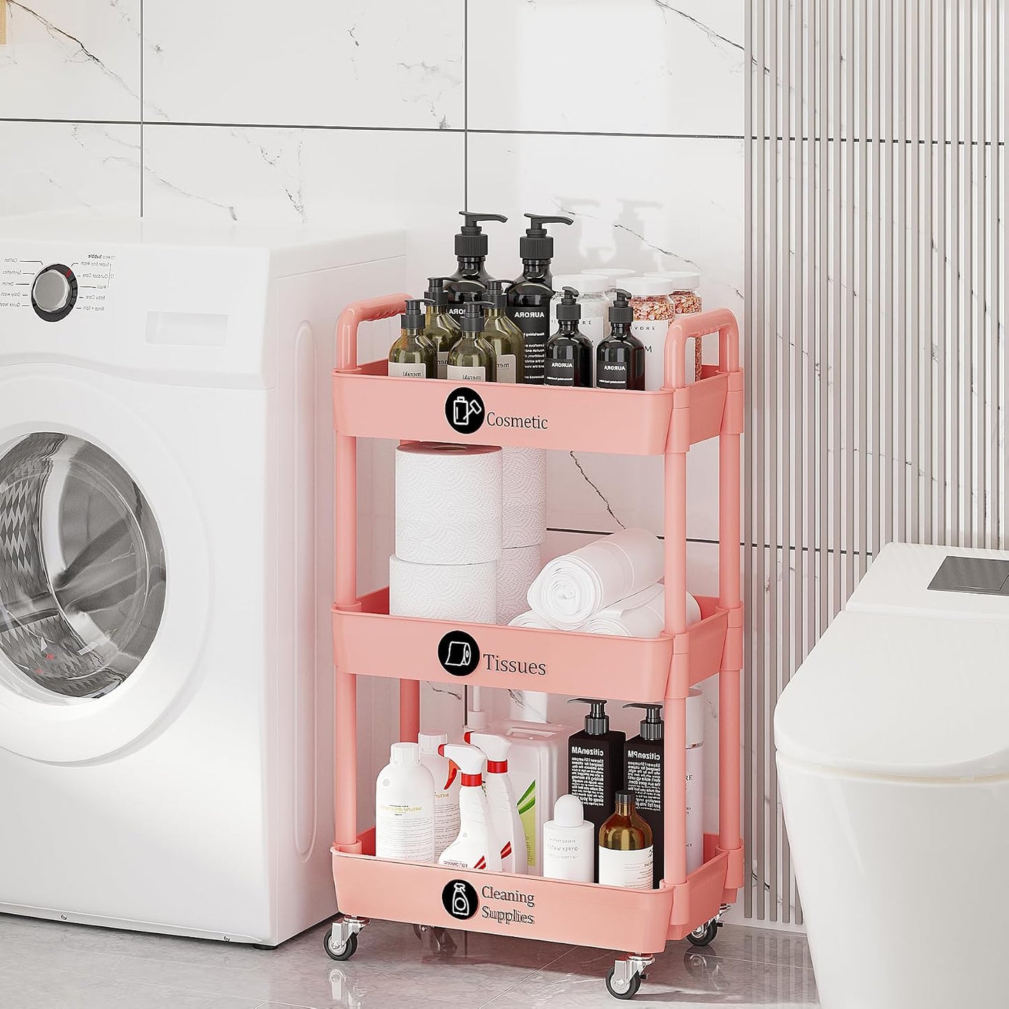 Laiensia 3-Tier Rolling Cart with Wheels,Multifunction Utility Storage Carts, Kitchen Storage Organizer,Mobile Shelving Unit for Bathroom,Laundry,with Classified Stickers,White