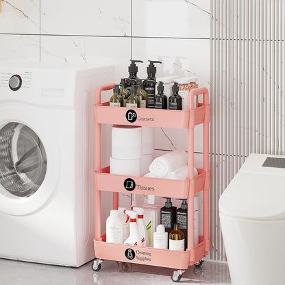 Laiensia 3-Tier Rolling Cart with Wheels,Multifunction Utility Storage Carts, Kitchen Storage Organizer,Mobile Shelving Unit for Bathroom,Laundry,with Classified Stickers,White