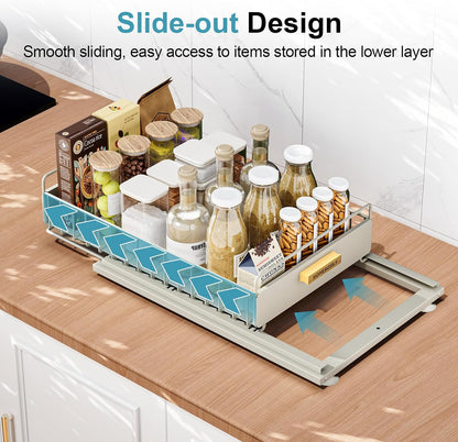 Under Sink Organizer Kitchen - Upgraded Professional Rails, 2 Tier Dual Pull Out Cabinet Storage, Height Adjustable Under Sink Storage, Metal Sliding Drawer for Kitchen & Bathroom, White, 2 Pack