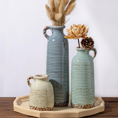 Ceramic Vase Set of 3 with Handles, Green White Neutral Rustic Modern Farmhouse Boho Decor, Versatile as Table Centerpiece or Mantel & Shelf Accent - Unique Home Gift Idea
