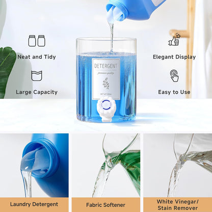 Glass Laundry Detergent Dispenser with Shelf & Bamboo Lid - 120 Oz Liquid Detergent, Laundry Soap & Fabric Softener Dispenser for Laundry Room Organization and Storage with 2 Cups & 8 Labels