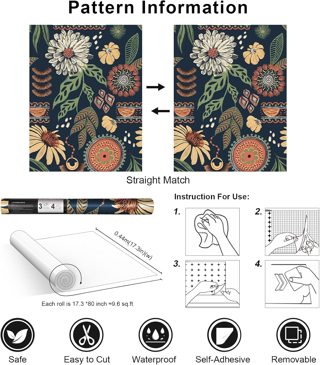 Simon&Siff Boho Peel and Stick Wallpaper, 17.3" x 80" Sun Floral Retro Contact Paper Removable Self Adhesive Wall Paper for Cabinets Furniture Bedroom Nursery Bathroom Renter Friendly DIY Decor