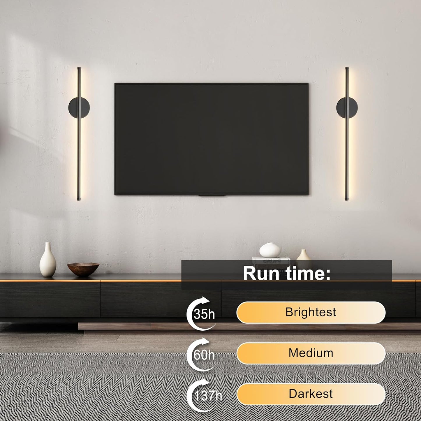 Battery Operated Modern Wall Sconces, Dimmable Wireless Wall Light Set of Two with Remote Control, 3 Color Temperatures, Rechargeable LED Wall Sconce for Bedroom, Living Room, Hallway, 23.6 Inch Brass