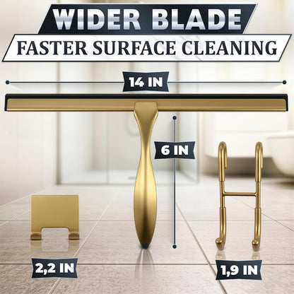 Shower Door Squeegee with Adhesive & Hanging Hooks, 12" Silicone Blade - Stainless Steel All-Purpose Squeegee for Shower Glass, Bathroom Mirror Cleaner Tool Suitable for Tile Walls - Multi-Surface Use