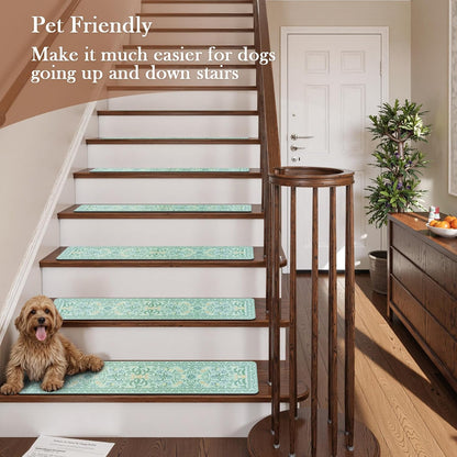 OJIA Floral Stair Treads Non-Slip Stair Runner for Wooden Steps Indoor 15PCS 30"x8" Carpet Stair Treads Stair Mats Staircase Step Treads for Kids, Elders and Dogs, Stair Covers, Black
