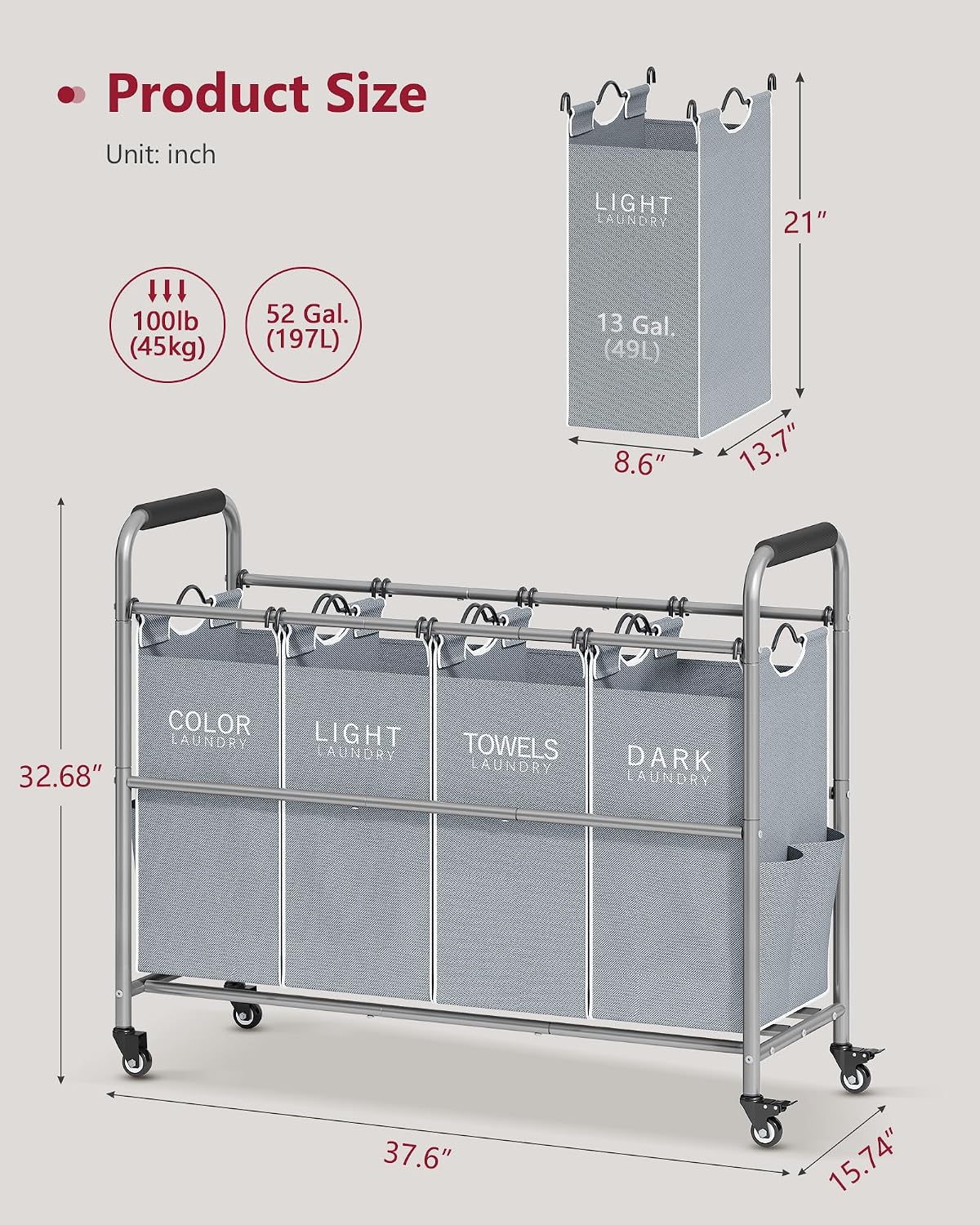 Tajsoon 4 Bag Laundry Sorter Cart, 4 Section Laundry Hamper Sorter with Heavy Duty Lockable Rolling Wheels, Laundry Separator Hamper with Removable Bags for Dirty Clothes Storage, Black