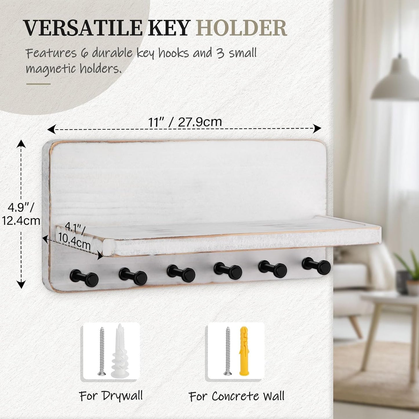 Nekon Key Holder for Wall with Shelf, Pine Wooden Key Hanger Wall Mounted, Farmhouse Wall Organizer for Home Entryway & Apartment (Standard, Wood)
