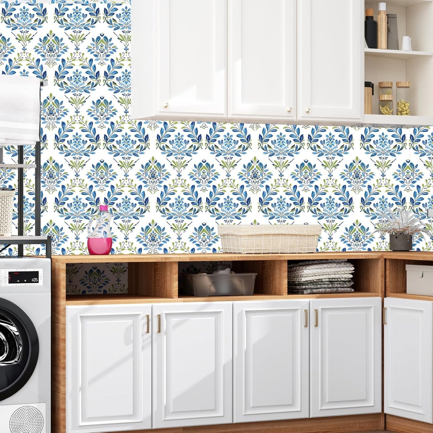 BOKEBEVE Leaves Contact Paper Floral Wallpaper Stick and Peel Boho Damask Wall Paper for Liner Drawer Cabinet Backsplash Renter Friendly Waterproof 17.5 x 118In