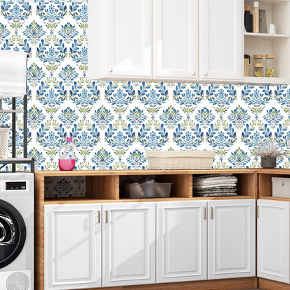 BOKEBEVE Leaves Contact Paper Floral Wallpaper Stick and Peel Boho Damask Wall Paper for Liner Drawer Cabinet Backsplash Renter Friendly Waterproof 17.5 x 118In