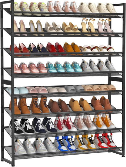 Large Shoe Rack 8 Tier Shoe Organizer, Heavy Duty Metal 4-Tier Stackable Shoe Storage Vertical Shoe Rack for Closet Front Door Entrance, Up to 50 Pairs, 44.8" W x 11.4" D x 56.7" H, Black