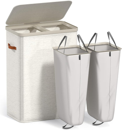 Sorbus Laundry Hamper with Lid - Collapsible 3-Compartment Fabric Laundry Basket with Handles and Removable Laundry Bag – 50 Gallon (190 L) Dirty Clothes Hamper for Bedroom, bathroom and dorm (Beige)