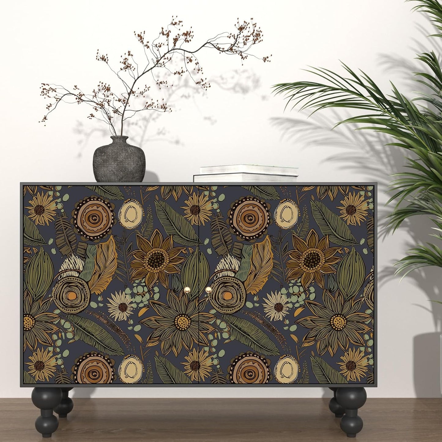Blue Wallpaper Peel and Stick,Vintage Boho Floral Contact Paper 17.5" x 118", Retro Botanical Flower Wall Paper Self Adhesive Removable Waterproof for Walls Shelves Cabinet Table (Blue,Yellow, Green)