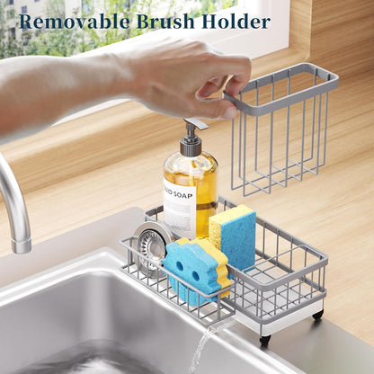 Consumest Sponge Holder for Kitchen Sink - Auto Draining Sink Caddy Organizer with Detachable Rack, High Brush Holder, Kitchen Countertop Storage Accessories, Black
